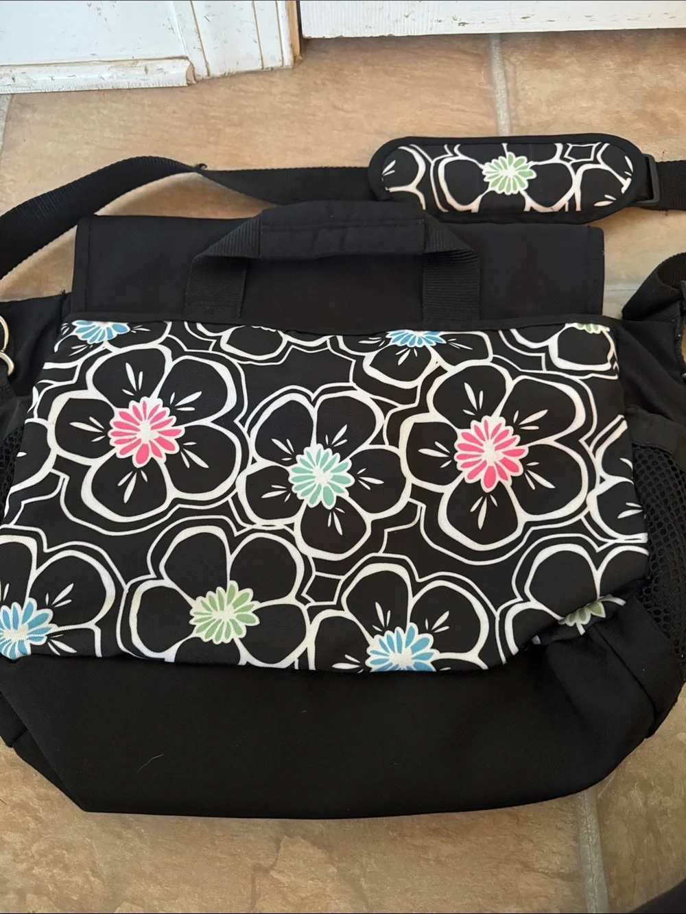 Womens' Girls' Black Floral Pattern Crossbody Messenger Bag School College Work